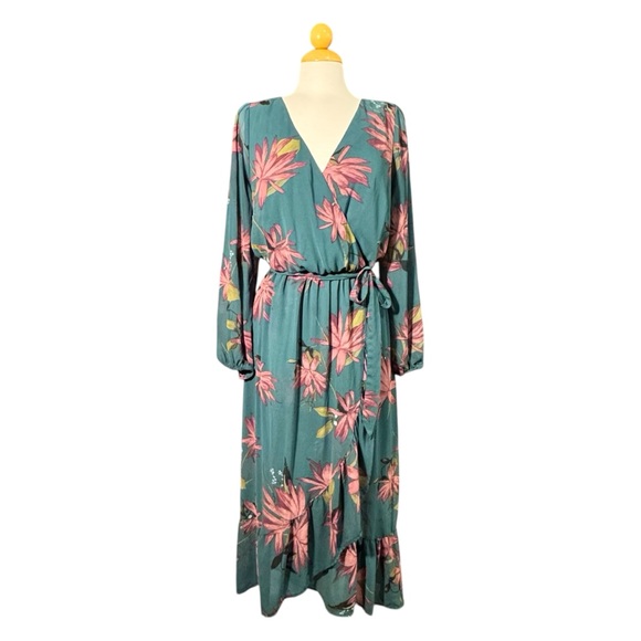 Ava & Viv Dresses & Skirts - Women's Teal Floral Faux Wrap Maxi Dress - Pink Floral Print